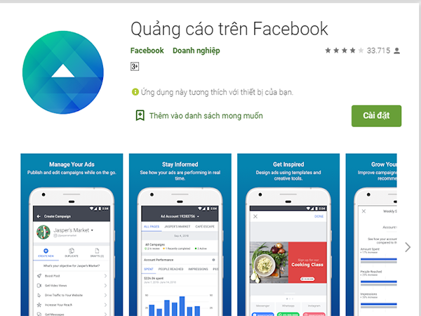 trình quản lý chạy quảng cáo facebook trên điện thoại